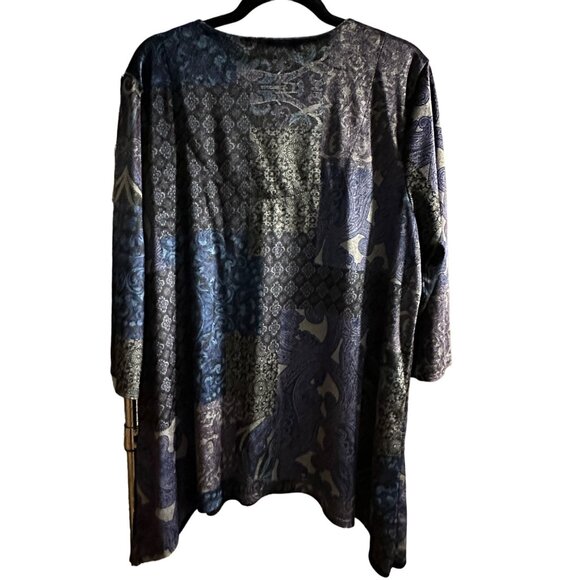 Chico’s size 3(XL/16) navy blue colorblock print velour criss cross neck tunic - Picture 3 of 7